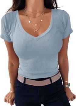 TrendiMax Damen T-Shirt Gerippt Slim Fit Basic Tee Shirts V Ausschnitt Kurzarm Sommer Tshirt Stretch Oberteile Casual Bluse Tops (M, Blau) von TrendiMax