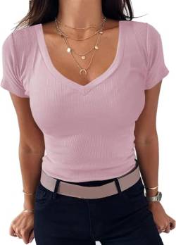 TrendiMax Damen T-Shirt Gerippt Slim Fit Basic Tee Shirts V Ausschnitt Kurzarm Sommer Tshirt Stretch Oberteile Casual Bluse Tops (M, Rosa) von TrendiMax