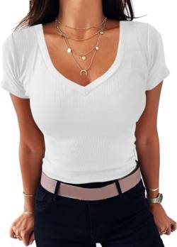 TrendiMax Damen T-Shirt Gerippt Slim Fit Basic Tee Shirts V Ausschnitt Kurzarm Sommer Tshirt Stretch Oberteile Casual Bluse Tops (S, Weiß) von TrendiMax