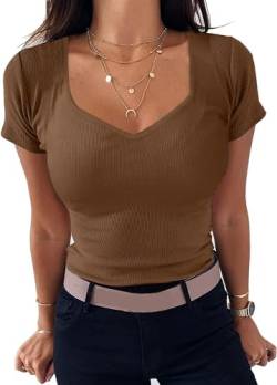 TrendiMax Damen T-Shirt Herzausschnitt Kurzarm Sommer Shirt Gerippt Slim Fit Oberteile Casual Bluse Tops (L, Dunkelkaffee) von TrendiMax