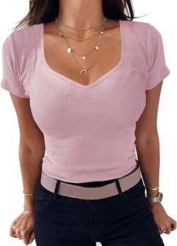 TrendiMax Damen T-Shirt Herzausschnitt Kurzarm Sommer Shirt Gerippt Slim Fit Oberteile Casual Bluse Tops (M, Rosa) von TrendiMax