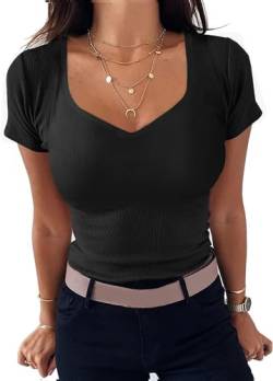 TrendiMax Damen T-Shirt Herzausschnitt Kurzarm Sommer Shirt Gerippt Slim Fit Oberteile Casual Bluse Tops (M, Schwarz) von TrendiMax