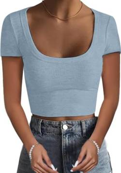 TrendiMax Damen T-Shirt Kurzarm Gerippt Crop Tops Basic Shirts Slim Fit Sexy Oberteile Bauchfrei Sommer Tshirt Stretch Casual Bluse Rundhals Tee Shirt (S, Blau) von TrendiMax