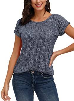 TrendiMax Damen T-Shirt Kurzarm Sommer Shirt mit Allover-Minimal Print Stretch Oberteile Bluse Tops Basic Tee, Blau, M von TrendiMax