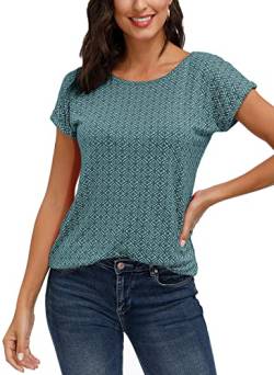 TrendiMax Damen T-Shirt Kurzarm Sommer Shirt mit Allover-Minimal Print Stretch Oberteile Bluse Tops Basic Tee, Grün, L von TrendiMax