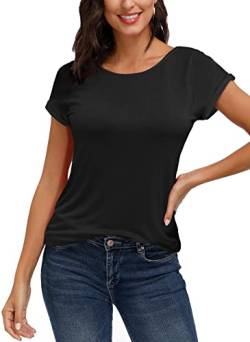 TrendiMax Damen T-Shirt Kurzarm Sommer Shirt mit Allover-Minimal Print Stretch Oberteile Bluse Tops Basic Tee, Schwarz, L von TrendiMax