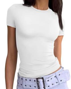 TrendiMax Damen T-Shirt Slim Fit Y2K Oberteile Sexy Cropped Sommer Tops Basic Tee Rundhals Crop Top Einfarbig Kurzarm T Shirt (XL, Weiß) von TrendiMax