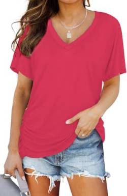 TrendiMax Damen T-Shirt V Ausschnitt Kurzarm Sommer Shirt Loose Fit Casual Oberteile Bluse Tops Basic Tee Shirts (XL, Rot) von TrendiMax