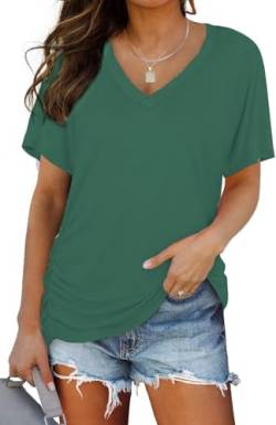 TrendiMax Damen T-Shirt V Ausschnitt Kurzarm Sommer Shirt Loose Fit Casual Oberteile Bluse Tops Basic Tee Shirts (XXL, Grün) von TrendiMax