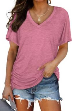 TrendiMax Damen T-Shirt V Ausschnitt Kurzarm Sommer Shirt Loose Fit Casual Oberteile Bluse Tops Basic Tee Shirts (XXL, Lilarosa) von TrendiMax