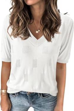 TrendiMax Damen T-Shirt V Ausschnitt Kurzarm Strick Shirt Dünne Pullover Sommer Frühling Strickpullover Casual Oberteile Bluse Tops (L, Weiß) von TrendiMax