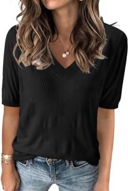 TrendiMax Damen T-Shirt V Ausschnitt Kurzarm Strick Shirt Dünne Pullover Sommer Frühling Strickpullover Casual Oberteile Bluse Tops (M, Schwarz) von TrendiMax