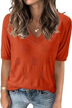 TrendiMax Damen T-Shirt V Ausschnitt Kurzarm Strick Shirt Dünne Pullover Sommer Frühling Strickpullover Casual Oberteile Bluse Tops (S, Orange) von TrendiMax