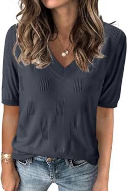TrendiMax Damen T-Shirt V Ausschnitt Kurzarm Strick Shirt Dünne Pullover Sommer Frühling Strickpullover Casual Oberteile Bluse Tops (XL, Grau) von TrendiMax