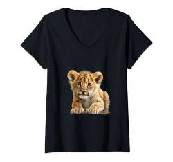 Damen Super süßes Baby Löwe Motiv. Flauschig weich und kuschelig T-Shirt mit V-Ausschnitt von Trendjaeger