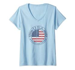 Damen Trendy USA American Flag Vintage Circle Logo T-Shirt mit V-Ausschnitt von Trendy Apparel