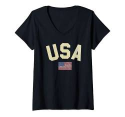 Damen USA Gold Glitter Text Center Flag T-Shirt mit V-Ausschnitt von Trendy Apparel