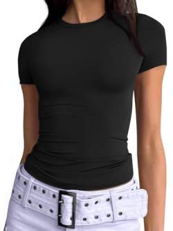 Trendy Queen Damen Basic T-Shirts U-Ausschnitt Kurzarm Crop Tops Niedlich Sommer Tops Slim Fit Tees Y2k Kleidung 2024, Schwarz, Klein von Trendy Queen