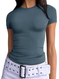 Trendy Queen Damen Basic T-Shirts U-Ausschnitt Kurzarm Crop Tops Niedliche Sommer Tops Slim Fit T-Shirts Y2k Kleidung, Haze Blue, Mittel von Trendy Queen