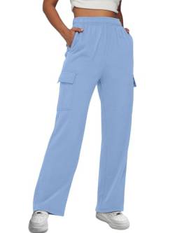 Trendy Queen Damen Cargo Sweatpants Weites Bein Baggy Fleece Hohe Taille Sweathose Sporthose mit Taschen 2023, himmelblau, S von Trendy Queen