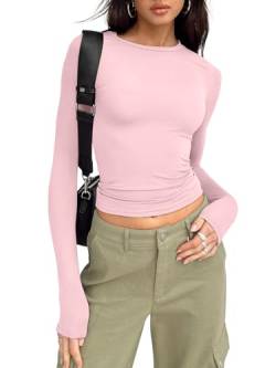 Trendy Queen Damen Langarm Herbst Mode 2023 Crop Tops Basic Layering Workout Slim Fitted T Shirts Y2K Tops, Pink, Groß von Trendy Queen