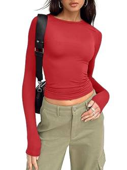 Trendy Queen Damen Langarm Herbst Mode 2023 Crop Tops Basic Layering Workout Slim Fitted T Shirts Y2K Tops, Rot/Ausflug, einfarbig (Getaway Solids), Klein von Trendy Queen