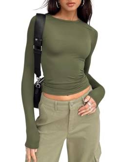 Trendy Queen Damen Langarmshirts Herbst Mode 2023 Crop Tops Basic Layering Workout Slim Fitted Y2K Tops, Grün (Army Green), X-Klein von Trendy Queen