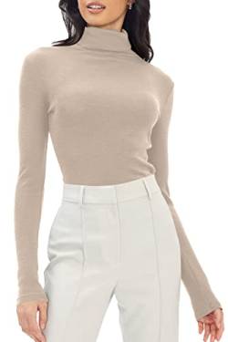 Trendy Queen Damen Mock Turtleneck Langarm Shirts Herbst Mode Basic Layering Slim Fit Weiche Thermounterwäsche Tops, Beige, Klein von Trendy Queen