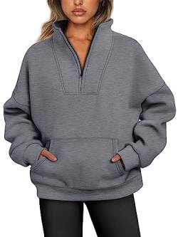 Trendy Queen Damen-Pullover mit halbem Reißverschluss, Viertelreißverschluss, übergroße Fleece-Hoodies, Teenager, Mädchen, Y2K, Herbst-Winterkleidung, Dunkelgrau, M von Trendy Queen