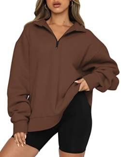 Trendy Queen Y2K Damen Oversize Half Zip Pullover Langarm Sweatshirt Viertelreißverschluss Hoodie Pullover Teenager Mädchen Herbst Y2K Kleidung, Braun, S von Trendy Queen