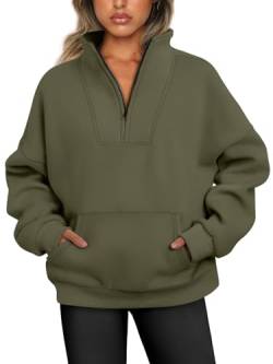 Trendy Queen Y2K Damen-Pullover mit halbem Reißverschluss, Viertelreißverschluss, übergroße Fleece-Kapuzenpullover, für Teenager, Mädchen, Herbst, Winterkleidung, Grün (Army Green), M von Trendy Queen