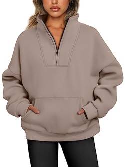 Trendy Queen Y2K Damen-Pullover mit halbem Reißverschluss, Viertelreißverschluss, übergroße Fleece-Kapuzenpullover, für Teenager, Mädchen, Herbst, Winterkleidung, Kaffeegrau, S von Trendy Queen