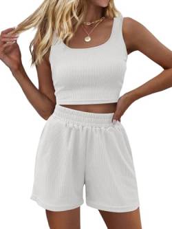 Trendy Queen Zweiteiliges Outfit für Damen, Sommer-Shorts, 2-teilig, ärmellos, passendes Lounge-Top und Shorts mit hoher Taille, Weiss/opulenter Garten, M von Trendy Queen