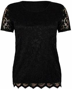 TrendyFashion Damen-Bluse mit kurzen Ärmeln, Stretch, Rundhalsausschnitt, gefüttert, florales Spitze, T-Shirt, Schwarz , 44 von TrendyFashion