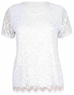 TrendyFashion Damen-Bluse mit kurzen Ärmeln, Stretch, Rundhalsausschnitt, gefüttert, florales Spitze, T-Shirt, weiß, 48-50 von TrendyFashion