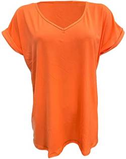 TrendyFashion Damen-T-Shirt mit kurzen Ärmeln, Übergröße, einfarbig, V-Ausschnitt, Größe 36-52, neon-orange, 38-40 von TrendyFashion