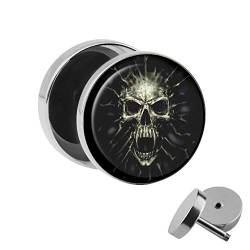 Treuheld® | Totenkopf Ohrstecker - Screaming Skull | 10mm | Chirurgenstahl 316L | Gothic Motiv Fake Plug Ohrring mit Gewinde zum Schrauben | Schwarz von Treuheld