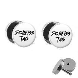 Treuheld | SET - SCHEISS TAG - 2 Ohr-Stecker zum Schrauben mit Hate Spruch - WEISS-SCHWARZE Fake Plugs mit Hipster Schriftzug - Ø 10mm - OHRRINGE Fakeplug - Silber Ohrring in Schwarz-Weiß Fake-Tunnel von Treuheld