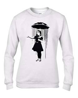 Banksy Damen Sweatshirt Nola Umbrella Girl Graffiti, Weiß, Medium von Tribal T-Shirts