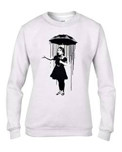 Banksy Damen Sweatshirt Pullover Nola Umbrella Girl Graffiti, Weiß, Small von Tribal T-Shirts