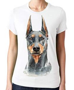 Damen-T-Shirt Dobermann Pinscher Porträt niedliches Geschenk für Hundeliebhaber, Weiß, Mittel von Tribal T-Shirts