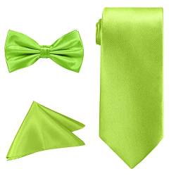 Trimming Shop Herren-Krawatten-Set, Fliege, Krawatte mit Taschentuch-einfarbig, klassische Satin-Krawatte mit Taschentuch für Freizeit- und formelle Kleidung, lime, One size von Trimming Shop