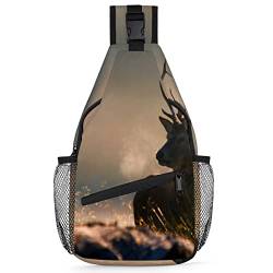 Deers Sling Rucksack Herren Damen Morgen Landschaft Hirsche Crossbody Schultertasche Brusttasche für Reisen Wandern Freizeit Tagesrucksack Rucksack, multi, 35,6 cm, Sling Rucksack von TropicalLife