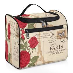 Retro-Make-up-Tasche mit Paris-Rosen, Postkarte, Reise-Make-up-Tasche für Damen, Herren, Mädchen, Jungen, Paris, 11,2 l, Kulturbeutel, Kulturbeutel, Kulturbeutel, Kosmetik-Organizer, Duschtasche, von TropicalLife