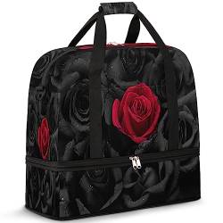 Rosen Reisetasche für Damen Herren Schwarz Rot Rosen 47L Wochenendtasche mit Trolley Ärmel Schultertasche Faltbare Nass Getrennte Sport Reisetasche, multi, 47L, Reisetasche von TropicalLife