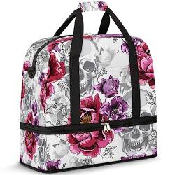 Skulls Reisetasche für Damen Herren Blumen Totenköpfe 47L Wochenendtasche mit Trolley Ärmel Schultertasche Faltbare Nass Getrennte Sport Reisetasche, multi, 47L, Reisetasche von TropicalLife