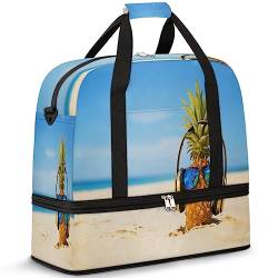 Sommer Lustige Ananas Faltbare Reisetasche Ananas 47L Wochenendtasche mit Trolleyhülle Nass Getrennte Schultertasche für Sport Gym Reisen, multi, 47L, Reisetasche von TropicalLife