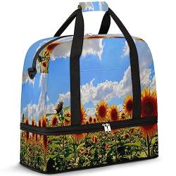 Sommer Sonnenblume Reisetasche für Damen Herren Gelb Sonnenblume 47L Wochenendtasche mit Trolley Ärmel Schultertasche Faltbare Nass Getrennte Sport Reisetasche, multi, 47L, Reisetasche von TropicalLife