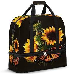 Sonnenblume Reisetasche für Damen Herren Schmetterling Sonnenblume 47L Wochenendtasche mit Trolley Ärmel Schultertasche Faltbare Nass Getrennte Sport Reisetasche, multi, 47L, Reisetasche von TropicalLife