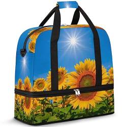 Sonnenblumen Sommer Sonne Faltbare Reisetasche Sonnenblumen 47L Wochenendtasche mit Trolleyhülle nass getrennt Schultertasche Tragetasche für Sport Gym Reisen, multi, 47L, Reisetasche von TropicalLife